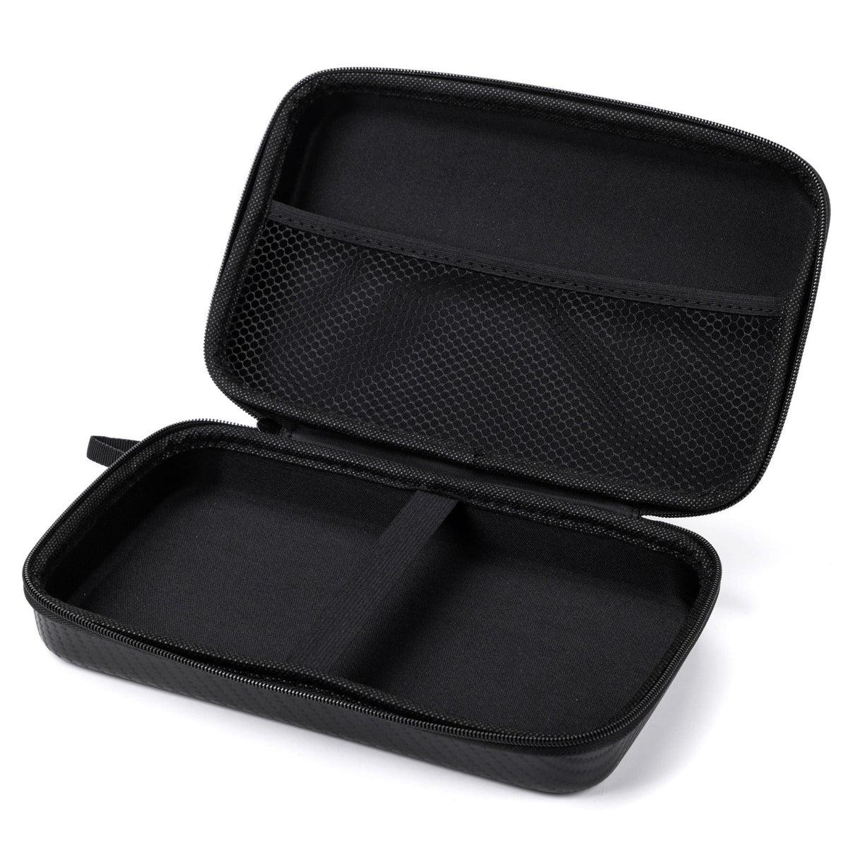 Jump Master Pro carry case open, showing twin moulded compartments and full-width elastic mesh lid pocket