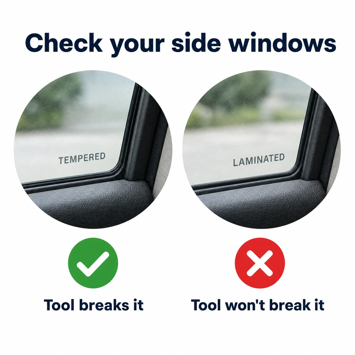 Check your side windows: tempered glass the tool breaks, laminated glass it will not break