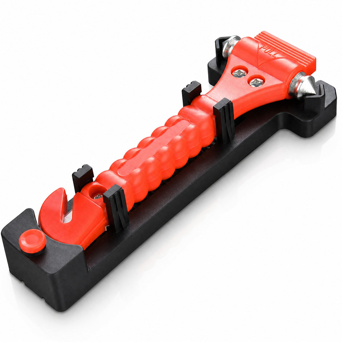 Red car emergency escape tool with twin steel tips and seatbelt cutter, seated in its black mounting bracket