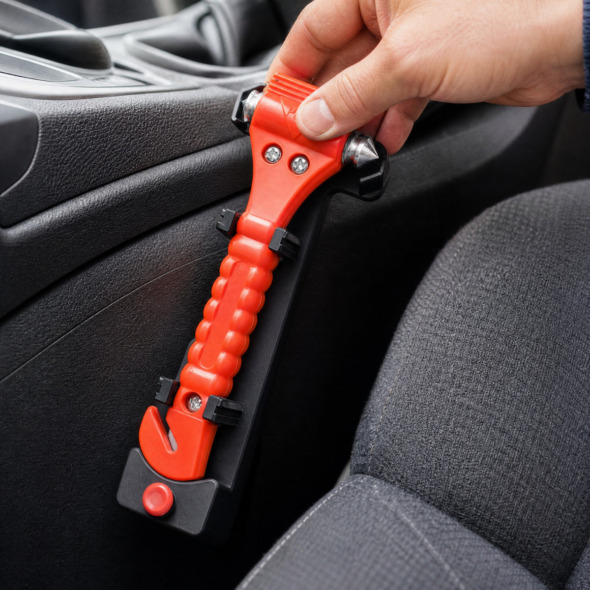 Hand pulling the escape tool out of its bracket by the hammer head