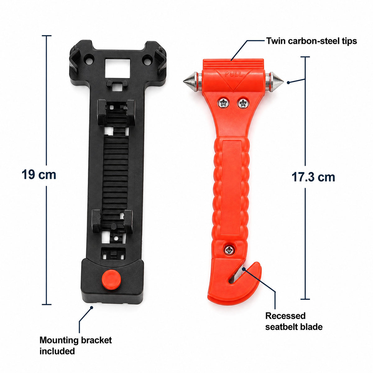 Escape tool dimensions: tool 17.3 cm, bracket 19 cm, twin carbon-steel tips, recessed seatbelt blade, mounting bracket included