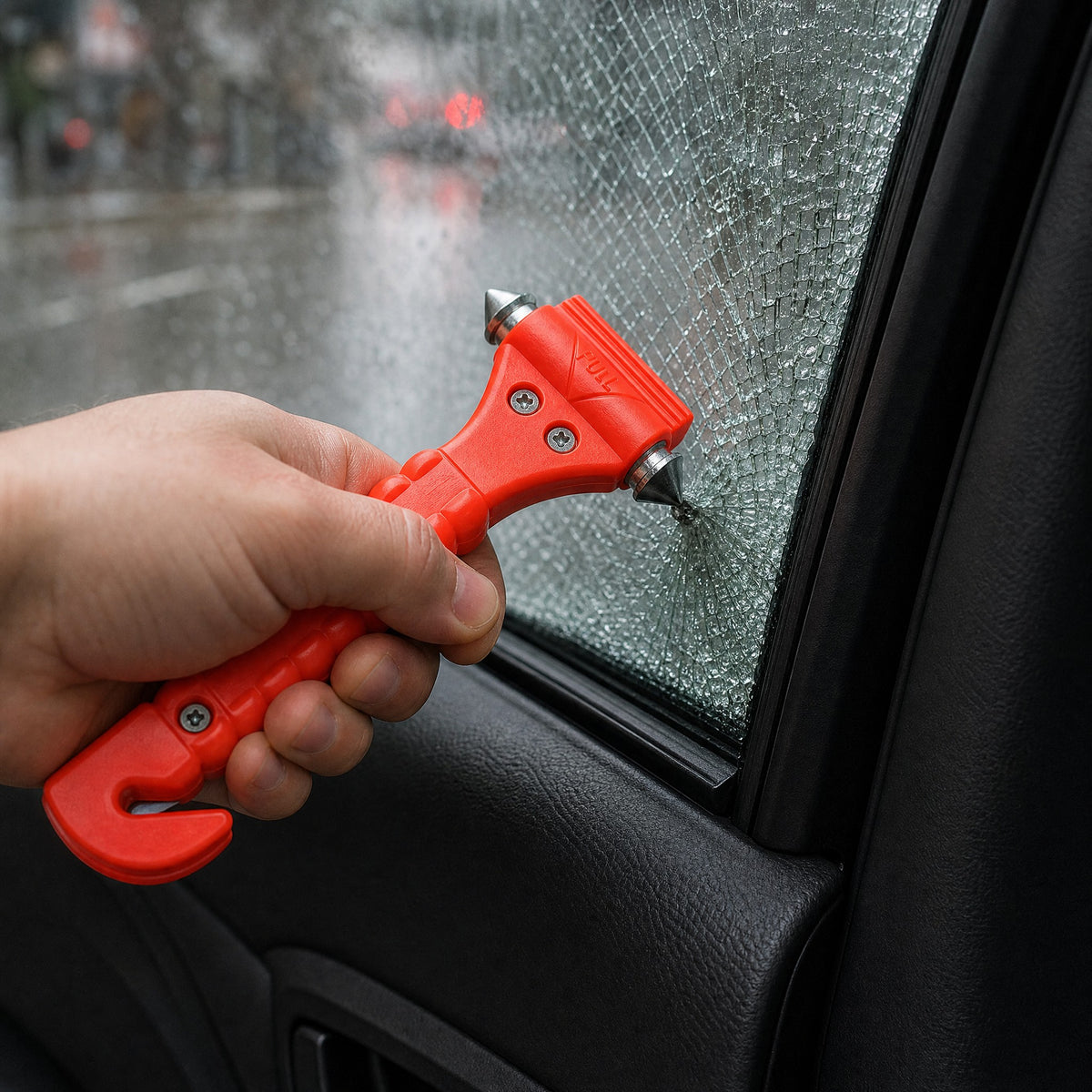 Escape tool's steel tip striking the lower corner of a rear side window, the tempered glass crazing into small pieces