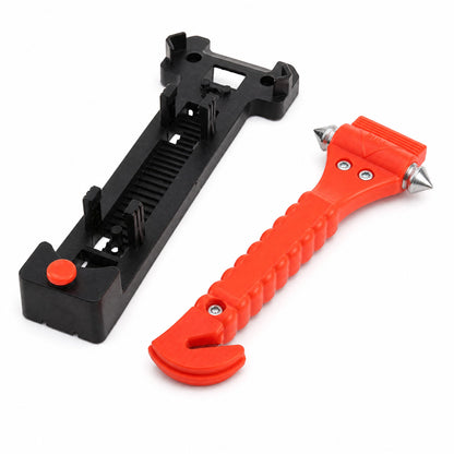 Car escape tool lying beside its empty black mounting bracket