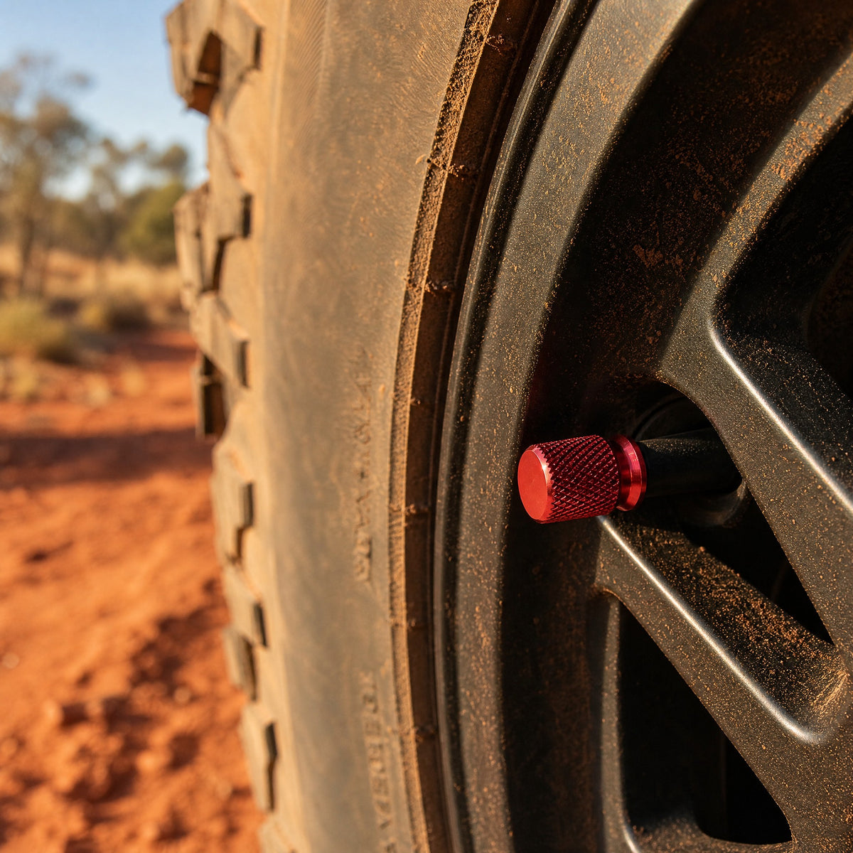 Red aluminium valve cap on the valve stem of a dusty black 4WD wheel with an all-terrain tyre