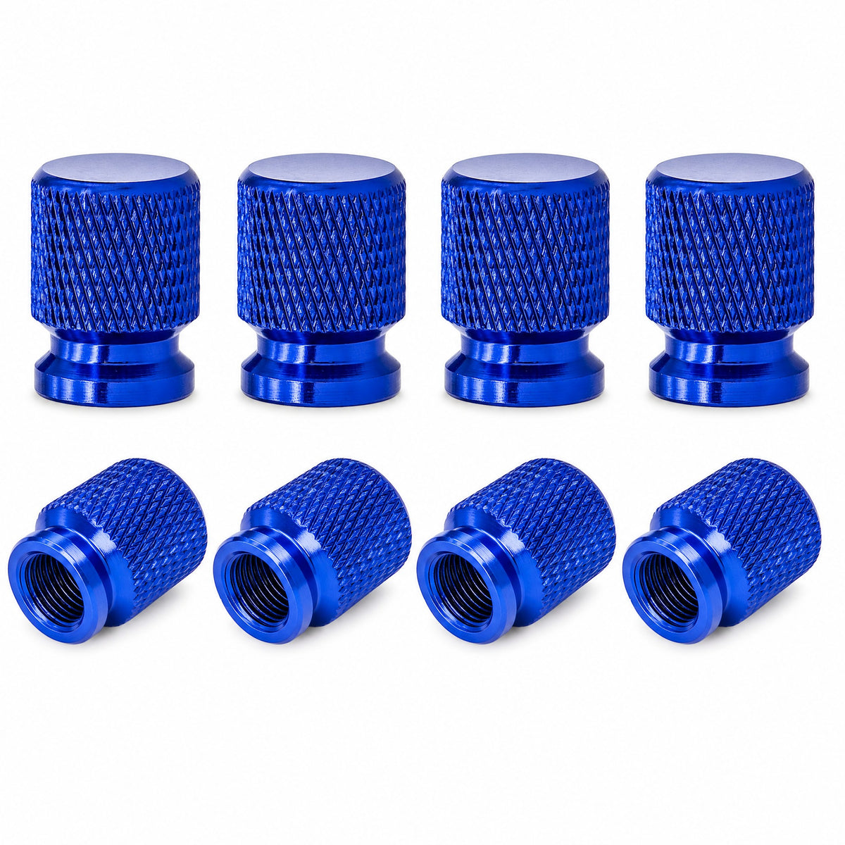 Pack of eight blue anodised aluminium tyre valve caps with diamond knurled grip