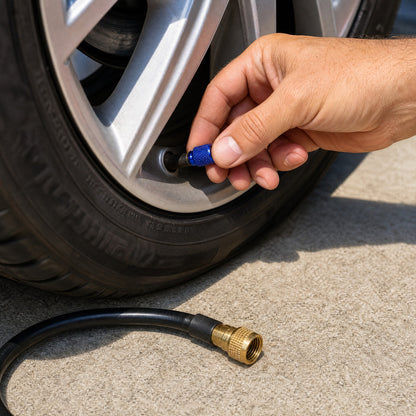 Hand screwing a blue aluminium valve cap onto a car tyre valve after pumping up the tyre