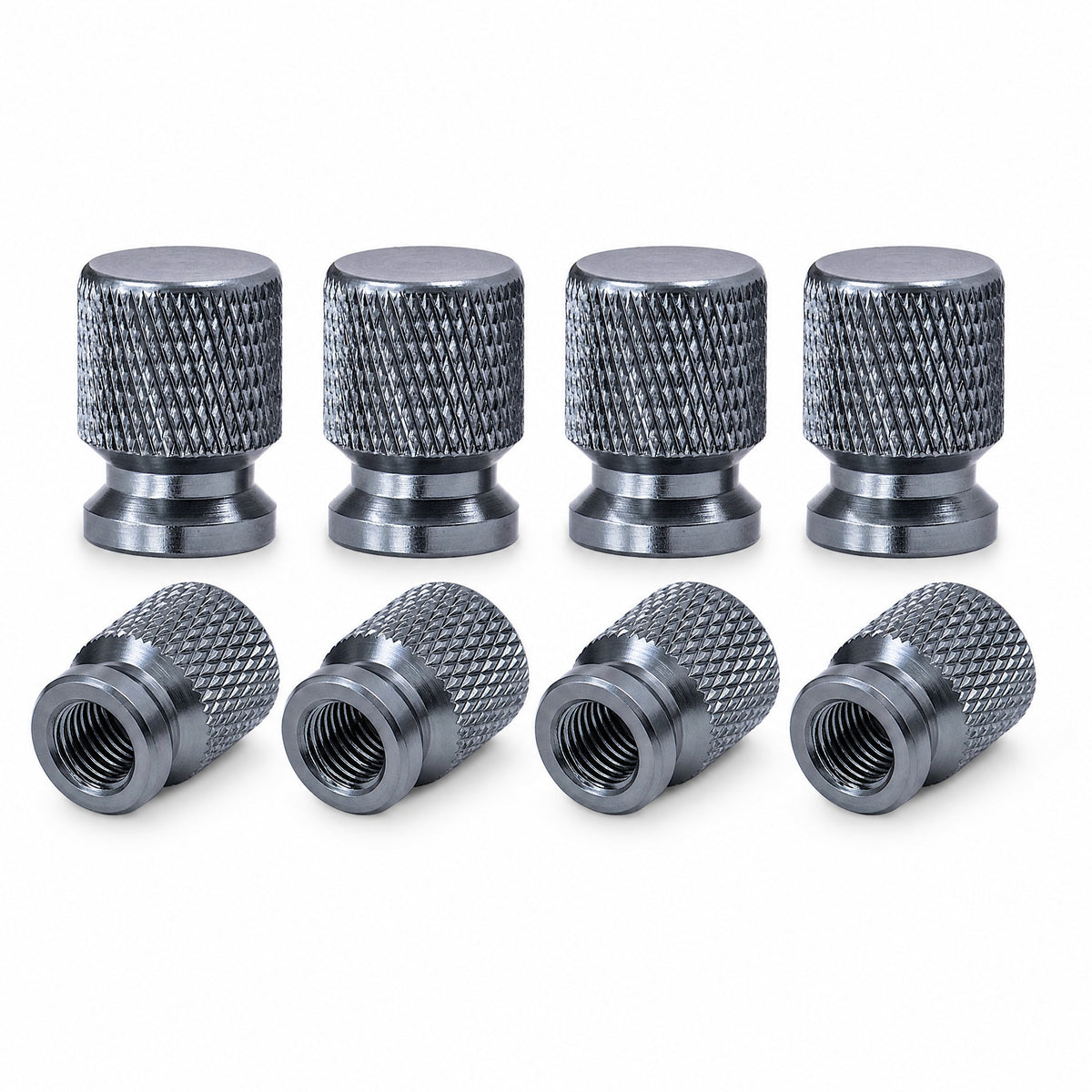 Pack of eight grey anodised aluminium tyre valve caps with diamond knurled grip