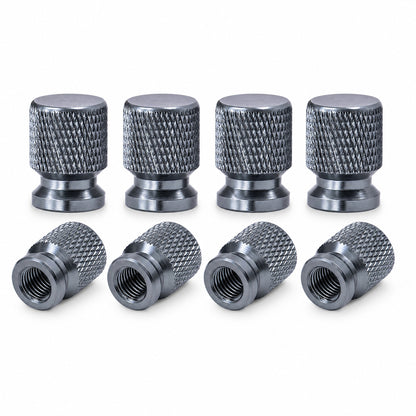 Pack of eight grey anodised aluminium tyre valve caps with diamond knurled grip
