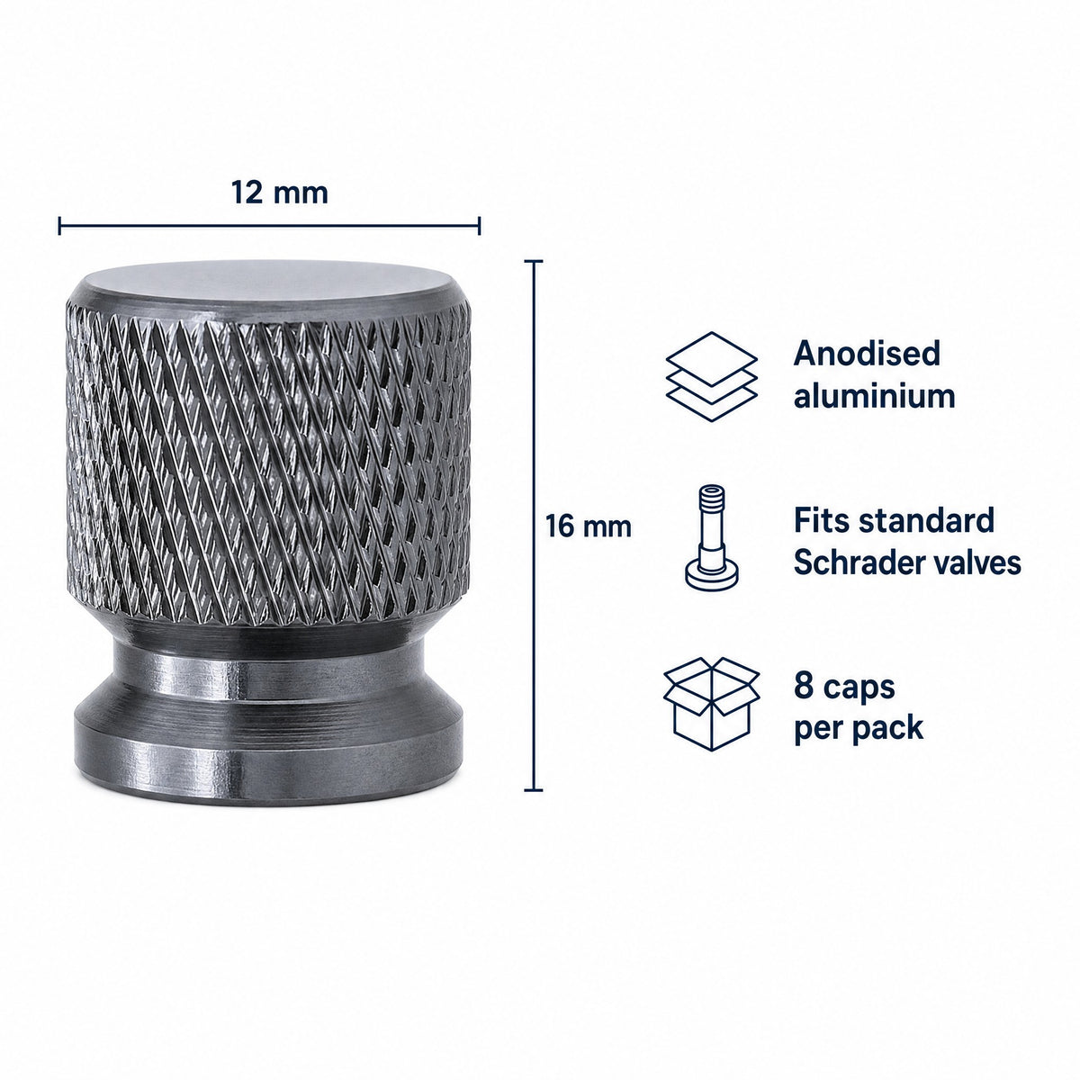 Valve cap dimensions: 16 mm tall, 12 mm wide, anodised aluminium, fits standard Schrader valves, 8 caps per pack