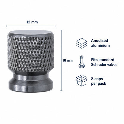 Valve cap dimensions: 16 mm tall, 12 mm wide, anodised aluminium, fits standard Schrader valves, 8 caps per pack