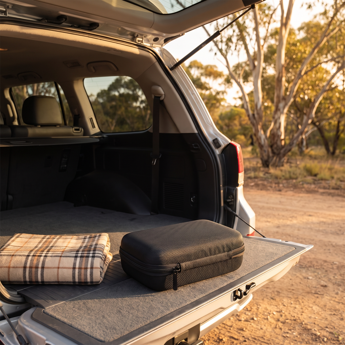 Carry case sitting in the open boot of a 4WD on an Australian dirt track