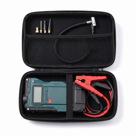 Carry case open with the Jump Master Pro seated in the left bay, red and black jumper clamps in the right bay, and the air hose and nozzle adapters in the mesh lid pocket