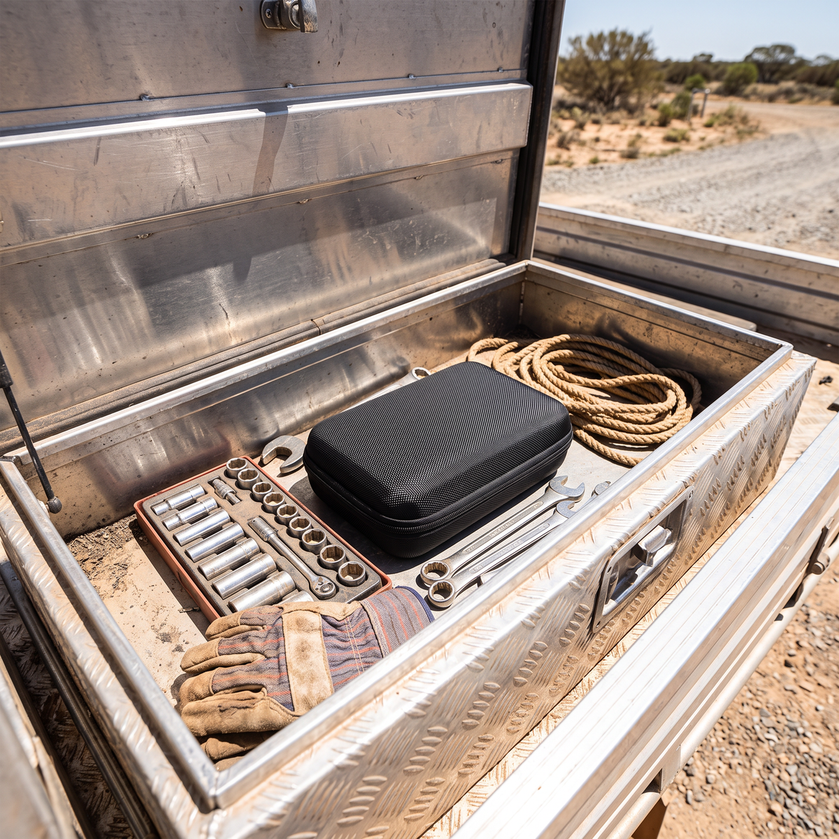 Carry case stored in an aluminium ute toolbox alongside tools